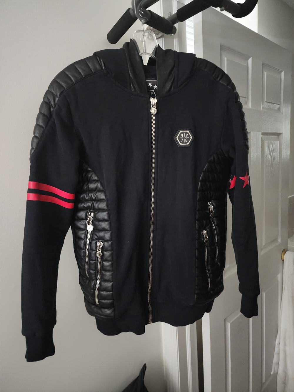 Philipp Plein Black Bomber Jacket with Red Sleeve Stripes